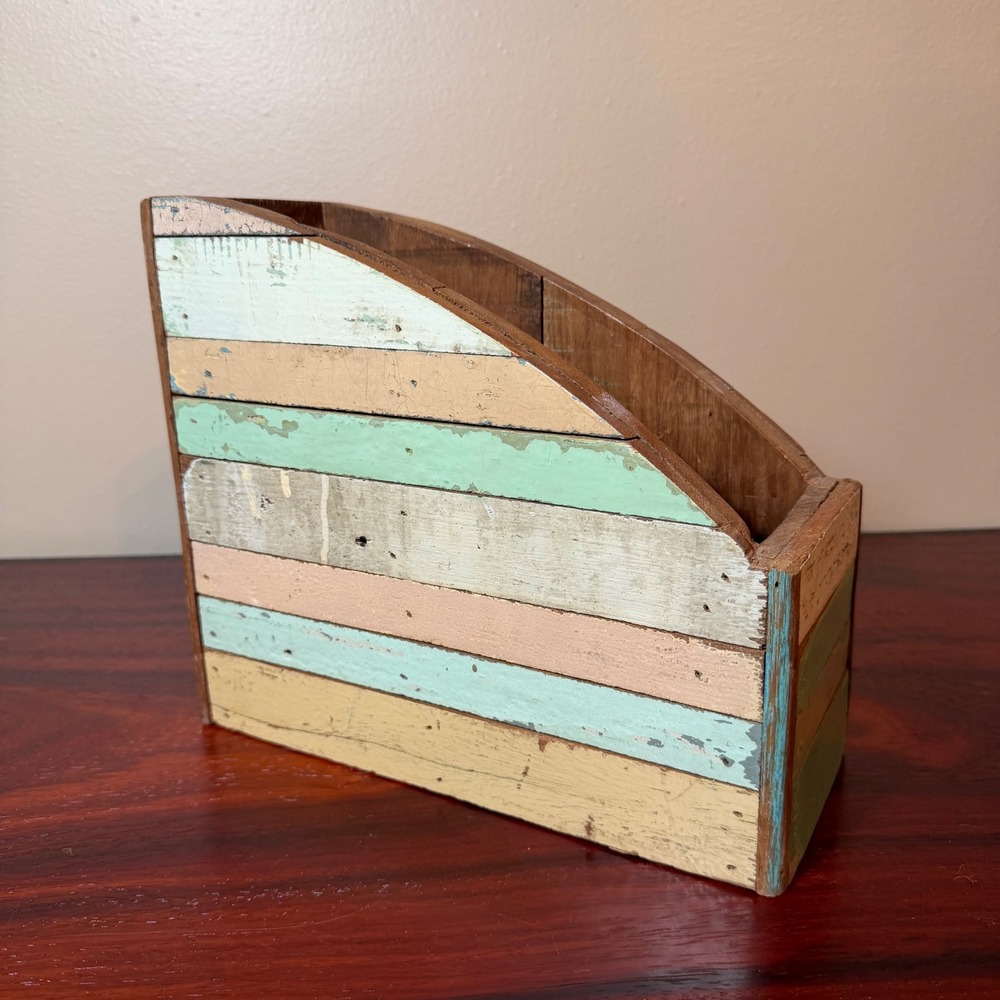 Rustic Reclaimed Wood Magazine File Holder Multi Color Distressed Book Organizer